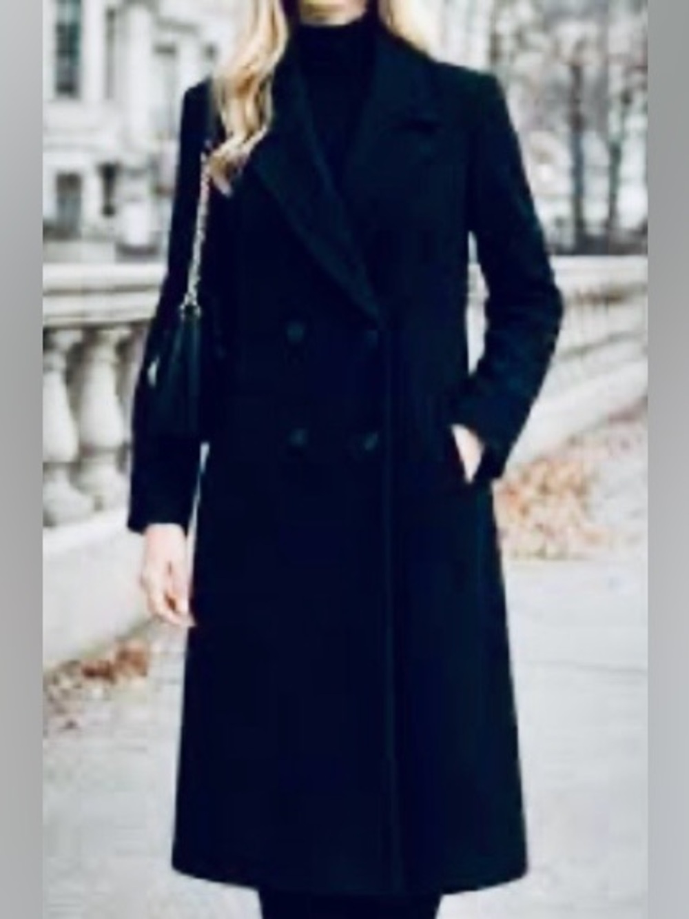 Evan Picone Vintage Long Double-Breasted Wool Coat Black 8